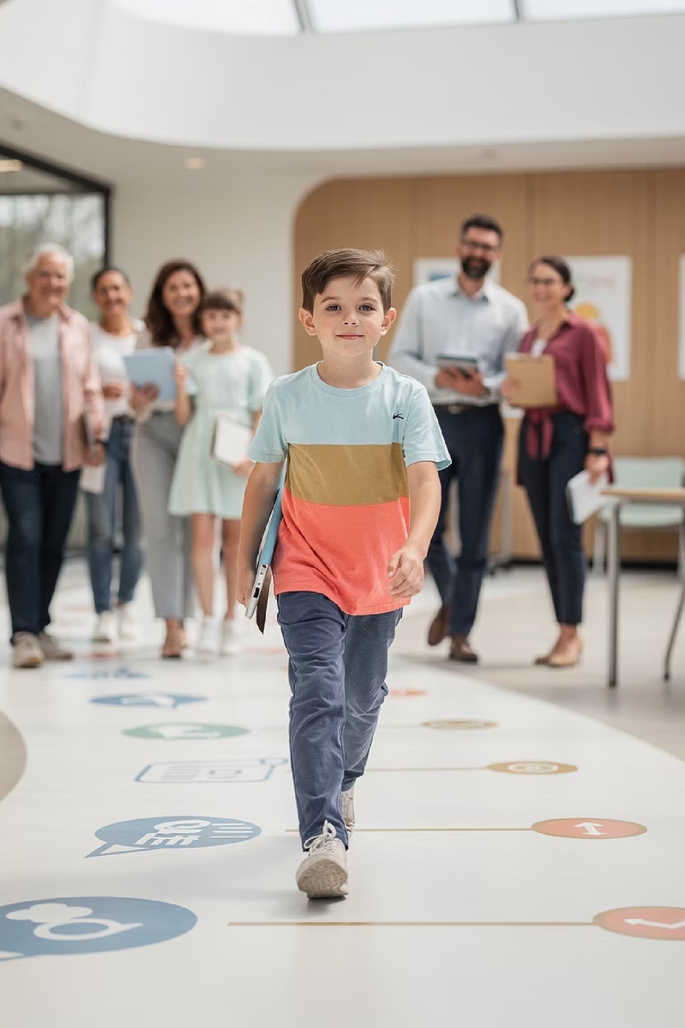 Child walking in an educational setting with adults in the background