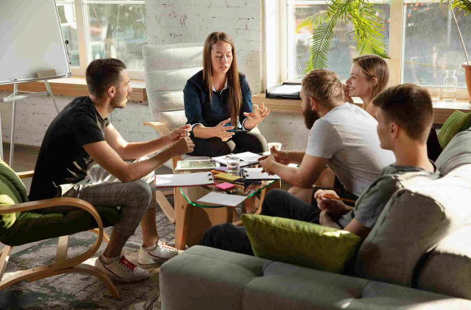 A small group discussion in a workplace or consultation setting